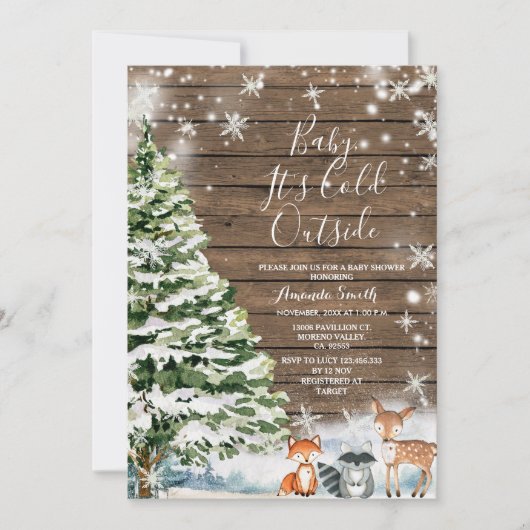 冬の森の動物の常緑樹の赤ちゃんシャワー 招待状 (正面)