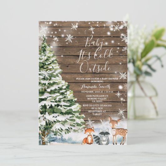 冬の森の動物の常緑樹の赤ちゃんシャワー 招待状 (スタンド正面)