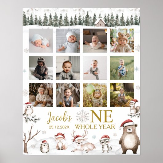 冬の森の動物の最初の年の写真マイルストーン ポスター (正面)