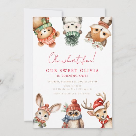冬の森の動物の森の動物1st誕生日パーティー 招待状 (正面)