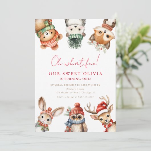 冬の森の動物の森の動物1st誕生日パーティー 招待状 (スタンド正面)