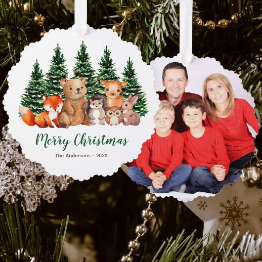 冬の森の動物の水の色メリークリスマス オーナメントカード