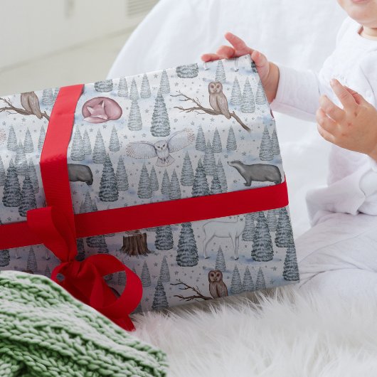 冬の森の動物の自然クリスマスパターン ラッピングペーパー