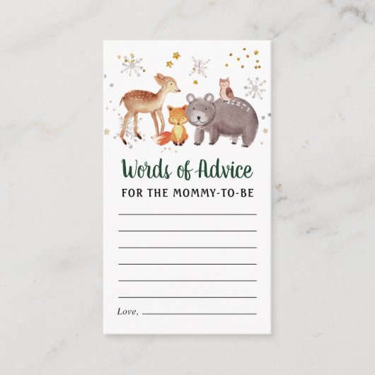 冬の森の動物の言葉アドバイスの赤ちゃんシャワー エンクロージャーカード (正面)