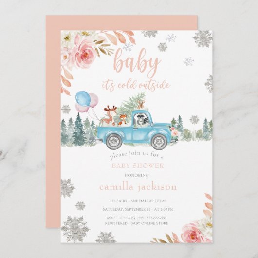 冬の森の動物の赤ちゃんシャワーインビタット 招待状 (正面/裏面)