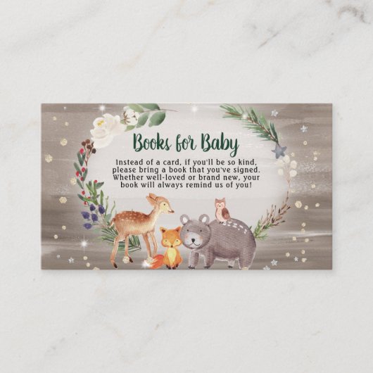 冬の森の動物の赤ちゃんシャワー用の本 エンクロージャーカード (正面)