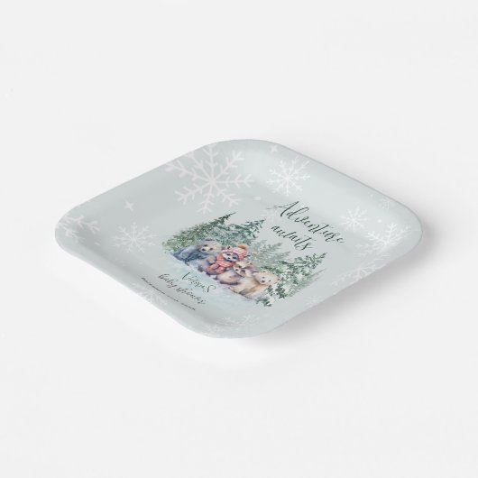 冬の森の動物の雪の赤ちゃんシャワー ペーパープレート (傾斜あり)