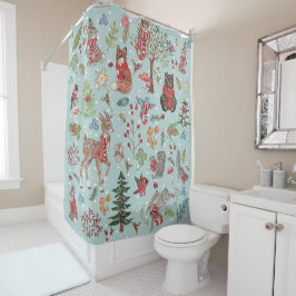 冬の森の動物の青い雪の森パターン シャワーカーテン