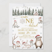 冬の森の動物オンダーランド1歳の誕生日 招待状 (正面)