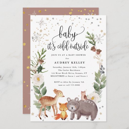 冬の森の動物ベビー冷たいシャワー 招待状 (正面/裏面)