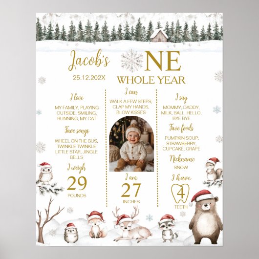 冬の森の動物1st誕生日マイルストーン写真 ポスター (正面)