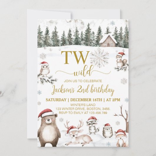 冬の森の動物2野生の2番目の誕生日 招待状 (正面)