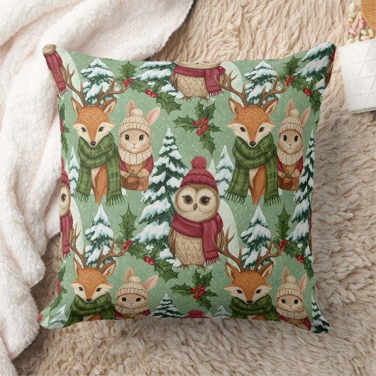 冬の森の動物 クリスマスパターン クッション (ブランケット)
