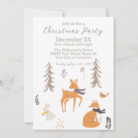 冬の森の動物 フォークアート クリスマス 招待状 (正面)