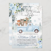 冬の森の動物 ブルートラック 雪の赤ちゃんのお披露目 招待状 (正面/裏面)