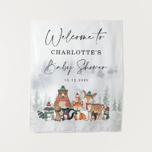 冬の森の動物 ベビーシャワー ウェルカム タペストリー (正面)