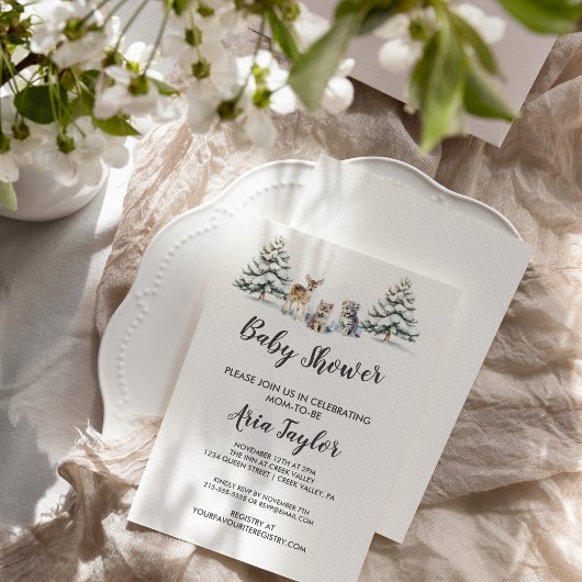 冬の森の動物|白ベビーシャワー 招待状