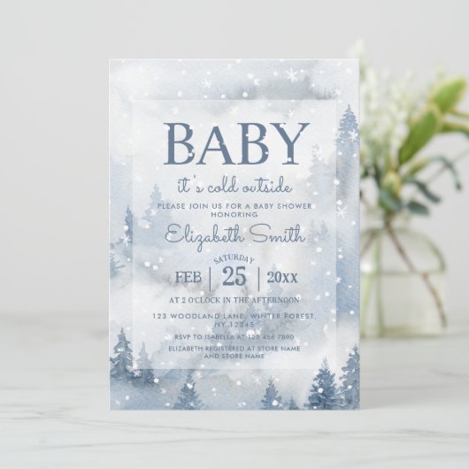 冬の森の埃っぽい青い赤ちゃんシャワー 招待状 (スタンド正面)