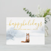 冬の森の場面 キツネ ゴールドのホリデー 箔シーズンカード (立ち正面)