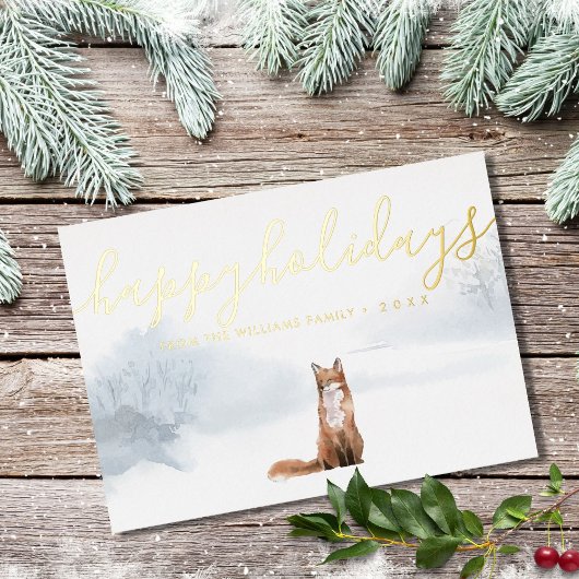 冬の森の場面 キツネ ゴールドのホリデー 箔シーズンカード