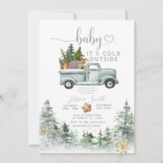 冬の森の外で寒い動物の赤ちゃんシャワー 招待状 (正面)
