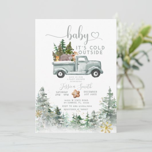 冬の森の外で寒い動物の赤ちゃんシャワー 招待状 (スタンド正面)