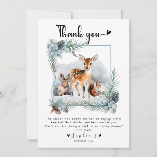 冬の森の外の寒い動物ありがとう サンキューカード (正面)