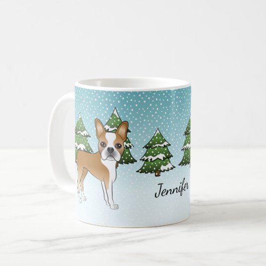冬の森の子鹿ボストンテリア犬 名前入り コーヒーマグカップ (正面左)