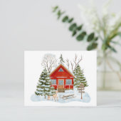 冬の森の小屋と森の訪問者 ポストカード (スタンド正面)