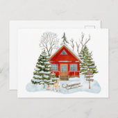 冬の森の小屋と森の訪問者 ポストカード (正面/裏面)