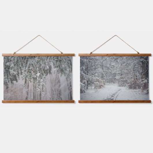 冬の森の小道と霜の降りた枝 吊り下げ型タペストリー (ダブル)