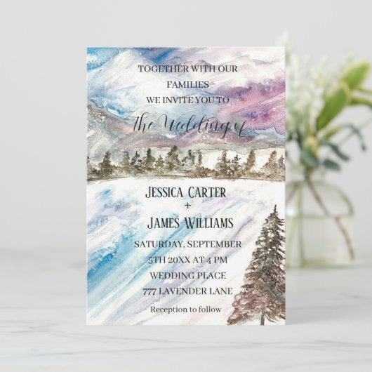 冬の森の山々 松の木 青い 結婚式 招待状 (スタンド正面)