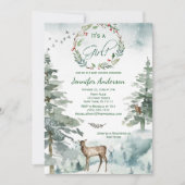 冬の森の山の鹿フクロウ赤ちゃん女の子シャワー 招待状 (正面)