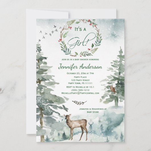 冬の森の山の鹿フクロウ赤ちゃん女の子シャワー 招待状 (正面)