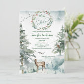 冬の森の山の鹿フクロウ赤ちゃん女の子シャワー 招待状 (スタンド正面)