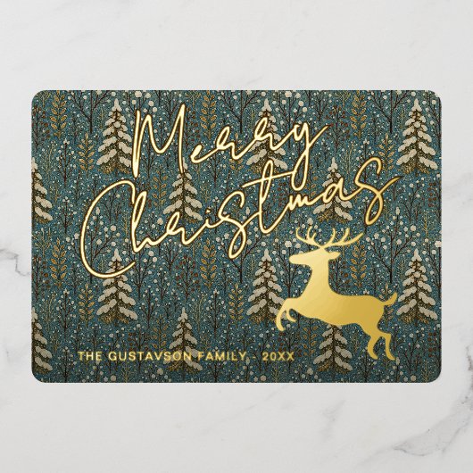 冬の森の木々に高級トナカイ金ゴールド 箔シーズンカード (正面)