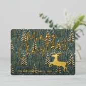 冬の森の木々に高級トナカイ金ゴールド 箔シーズンカード (立ち正面)