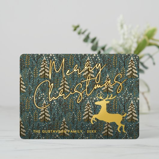 冬の森の木々に高級トナカイ金ゴールド 箔シーズンカード (立ち正面)