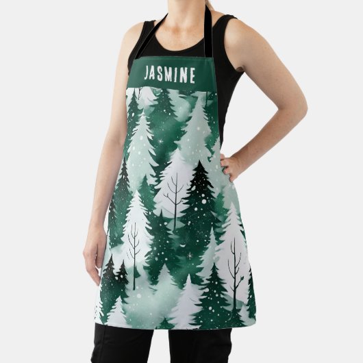 冬の森の木々雪のフェスティバルクリスマスキッチン エプロン (インサイチュ)