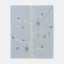 冬の森の木のクリスマスバード フリースブランケット