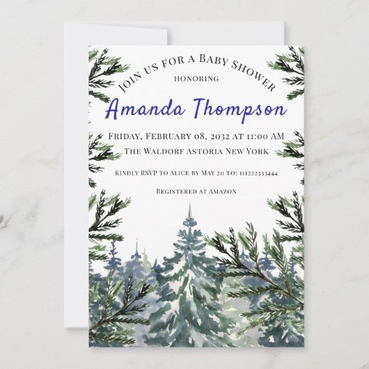冬の森の木の水の色の赤ちゃんシャワー 招待状 (正面)