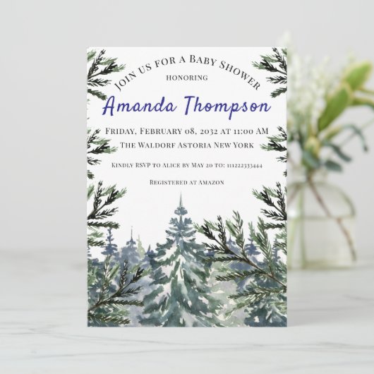 冬の森の木の水の色の赤ちゃんシャワー 招待状 (スタンド正面)