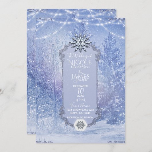 冬の森の松が雪の結晶を照ら結婚す 招待状 (正面/裏面)