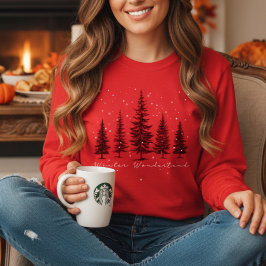 冬の森の松と雪の結晶 クリスマス Tシャツ