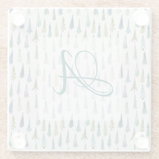冬の森の松の木のパターンのモノグラムの装飾 ガラスコースター (裏面)