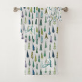 冬の森の松の木のパターンのモノグラムの装飾 バスタオルセット (インサイチュ)