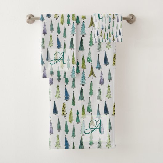 冬の森の松の木のパターンのモノグラムの装飾 バスタオルセット (インサイチュ)