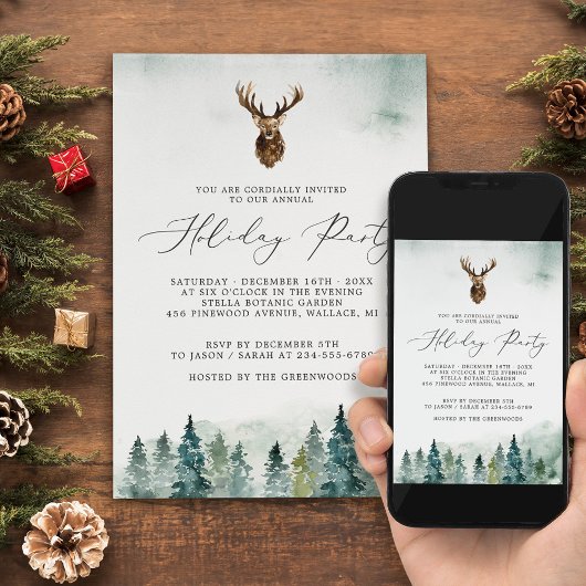 冬の森の松の木のホリデーパーティー 招待状