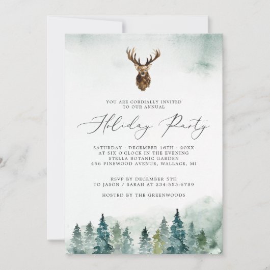 冬の森の松の木のホリデーパーティー 招待状 (正面)