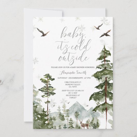 冬の森の松の木の寒さ赤ちゃんシャワー 招待状 (正面)
